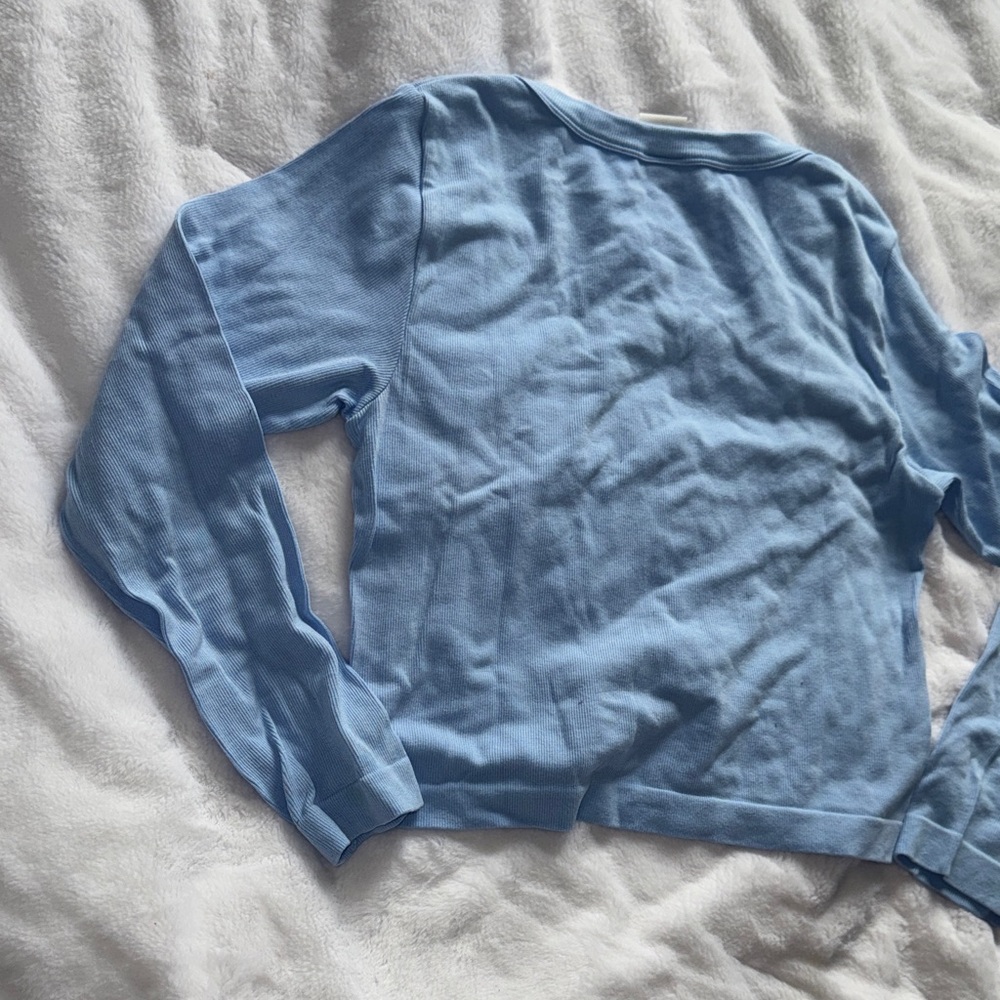 Blue Ribbed Long Sleeve Top XL Fitted Stretch Basic Layering Tee - Picture 9 of 9